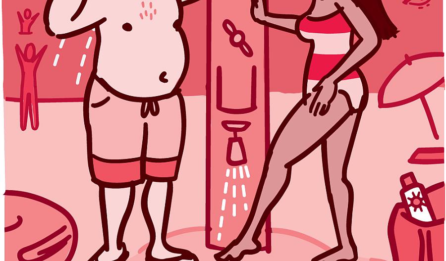 Ilustración de un hombre y una mujer enjuagándose en una ducha en la playa