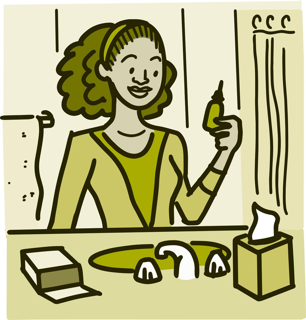Ilustración de una mujer mirando una botella de enjuague salino sobre el lavabo del baño