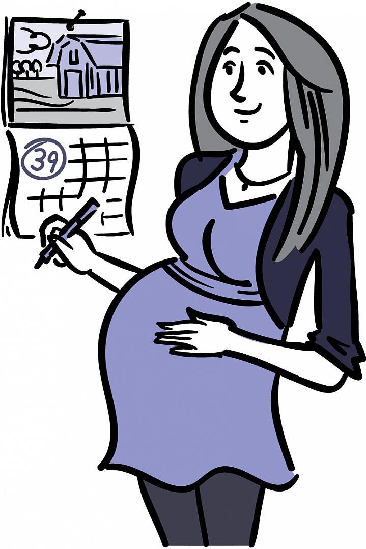 Ilustración de una mujer embarazada que marca un gran '39' en su calendario de pared.
