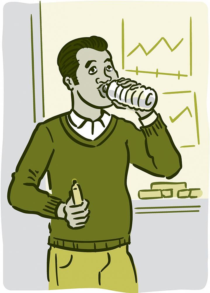 Ilustración de un hombre bebiendo una botella de agua mientras hace una presentación.