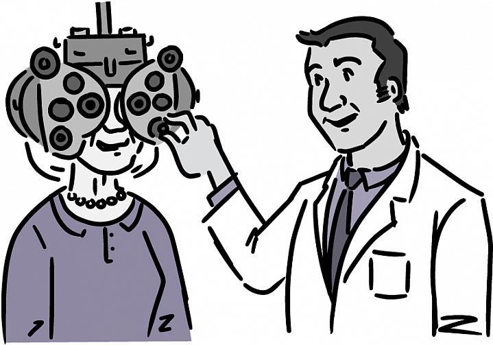 Ilustración de una mujer mayor recibiendo un examen ocular