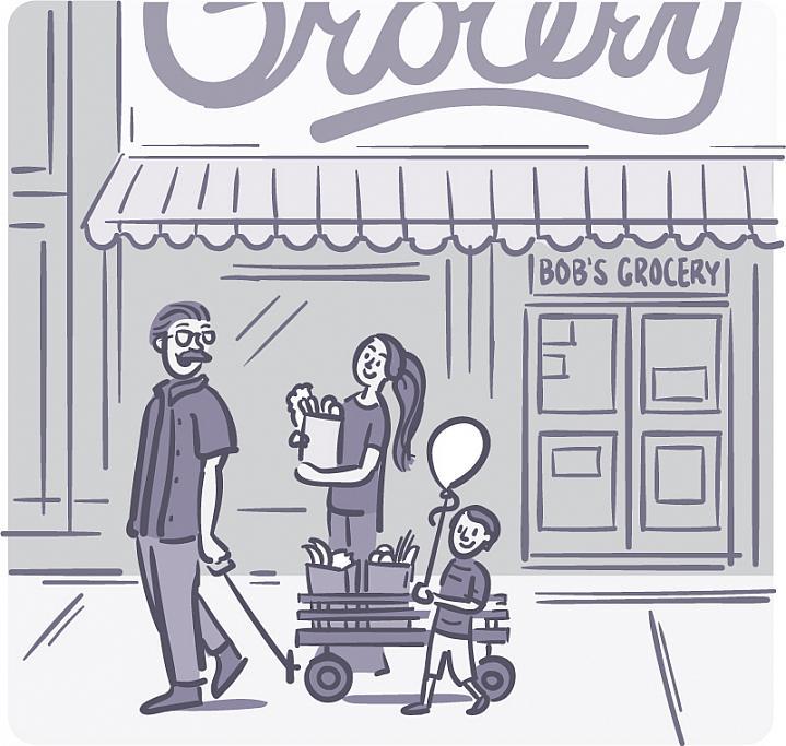 Ilustración de un hombre, una mujer y un niño caminando con bolsas de una tienda de alimentos local.