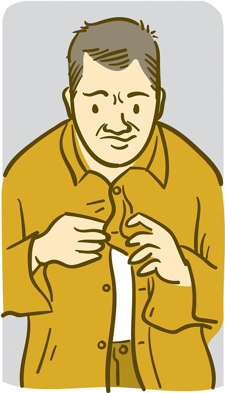 Ilustración de un hombre con dificultades para abotonarse la camisa.