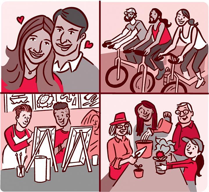 Ilustración con 4 paneles que muestran diferentes relaciones: una pareja, una clase de gimnasia