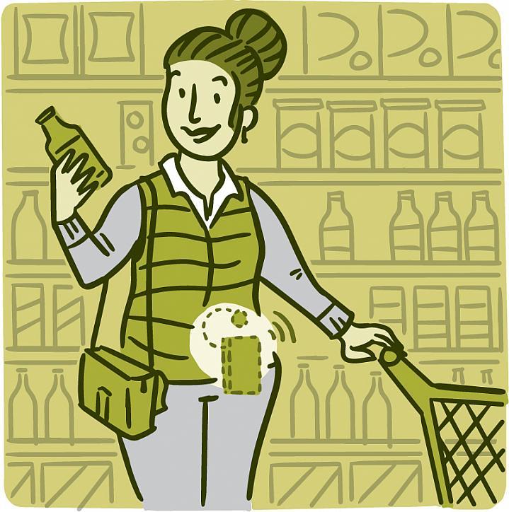 Ilustración de una mujer con un monitor de glucose en un supermercado