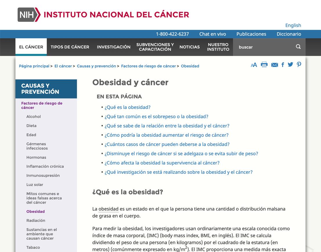 Captura de pantalla de la página web sobre obesidad y cáncer del Instituto Nacional del Cáncer (NCI).