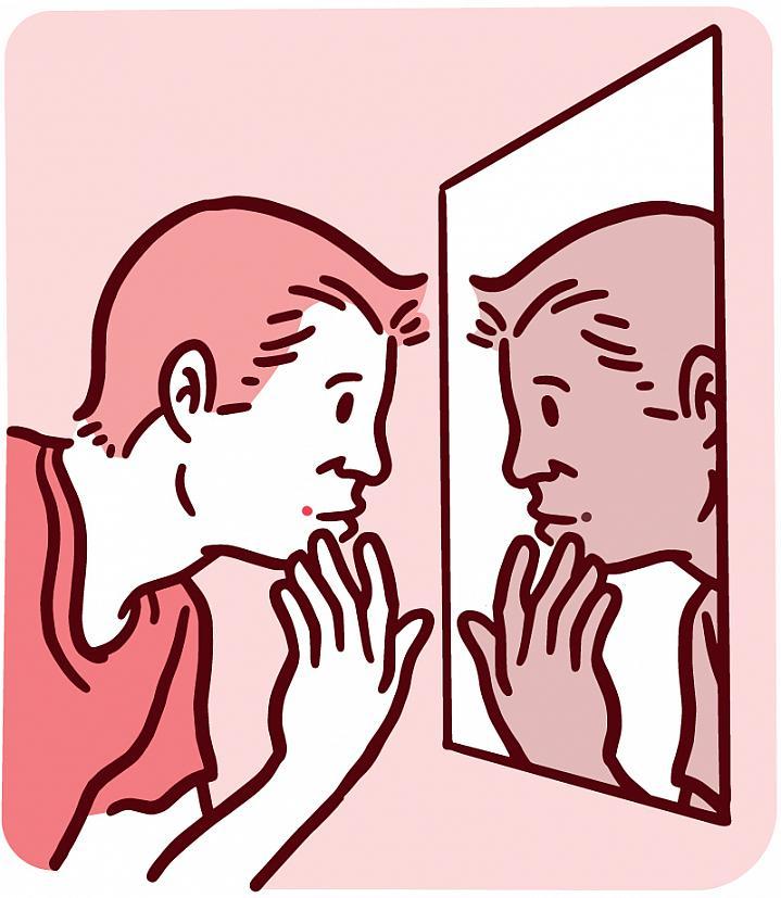 Ilustración de un hombre que mira en un espejo una mancha en su cara