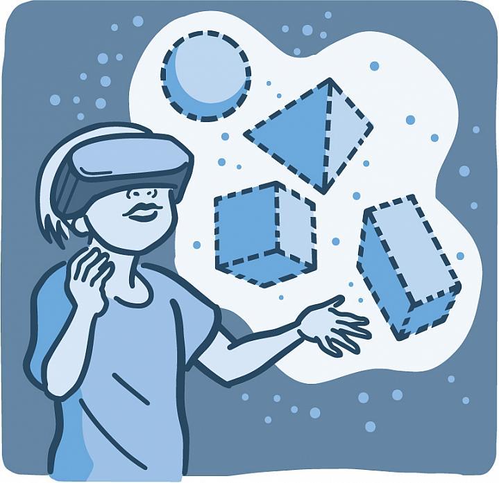 Ilustración de un niño usando un juego de realidad virtual para tocar formas.