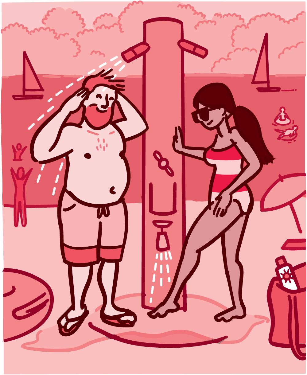 Ilustración de un hombre y una mujer enjuagándose en una ducha en la playa