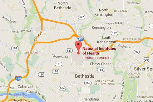 Mapa de Google que muestra la ubicación de la oficina central de los NIH en Bethesda, MD