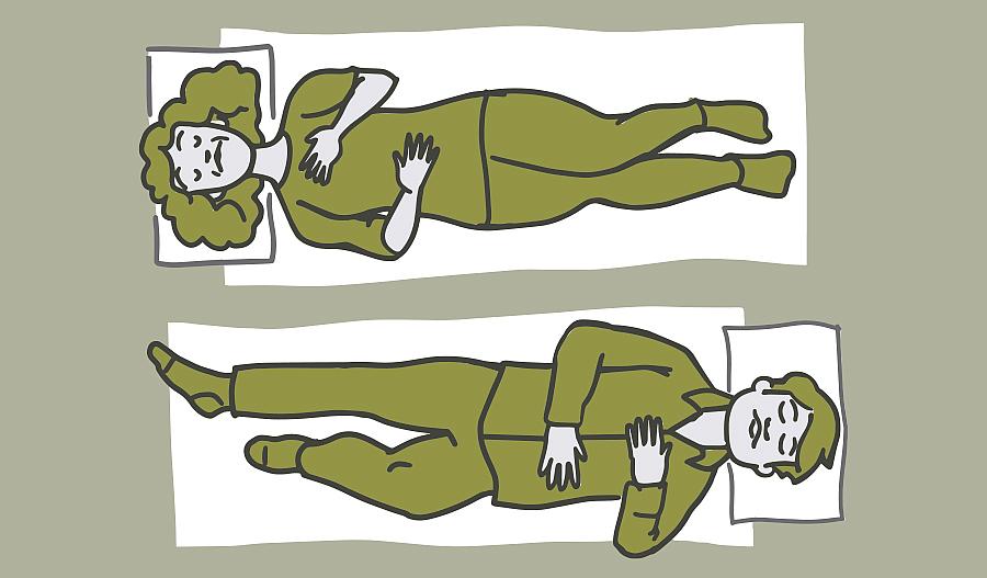 Ilustración de una pareja en su cama con una mano en el pecho y la otra en el vientre.