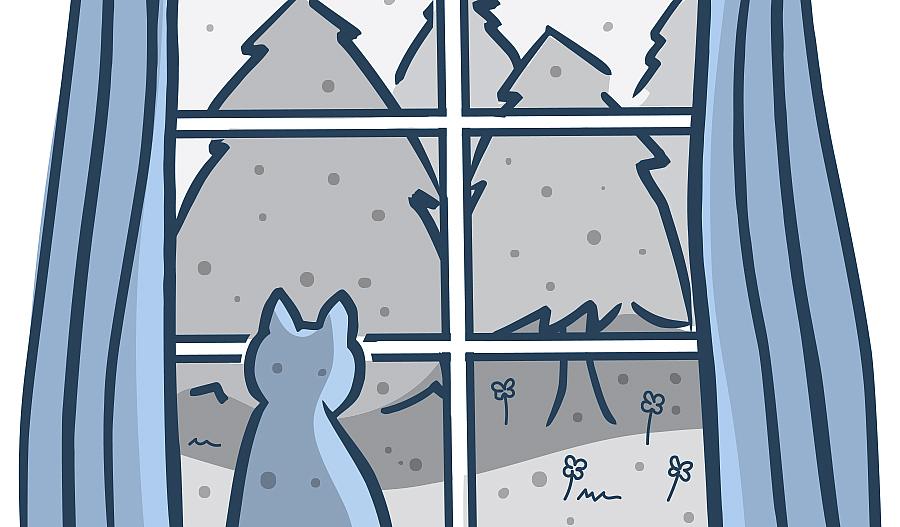 Ilustración de un gato sentado en el alféizar de una ventana mirando los árboles, las flores y las partículas de polen.
