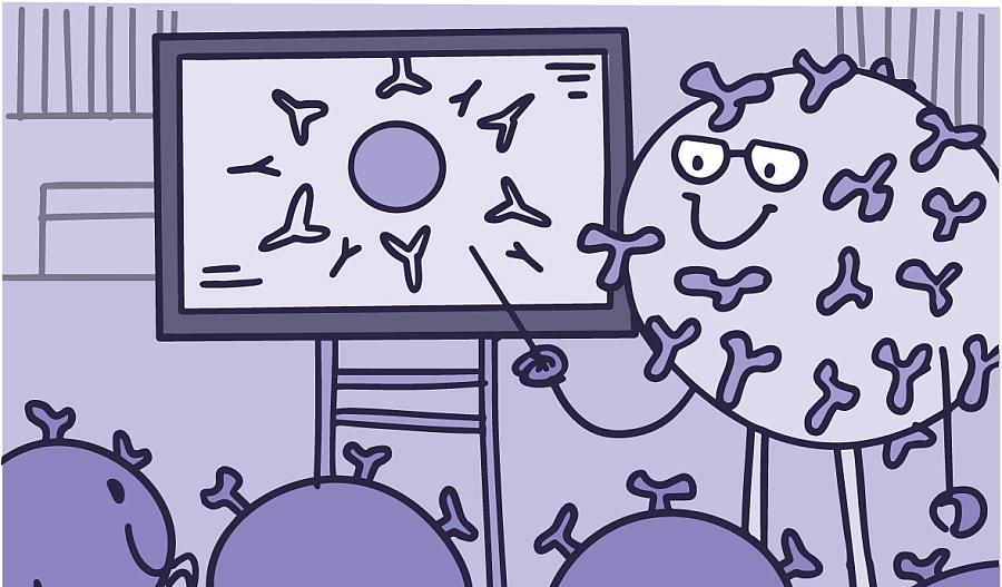 Una Ilustración de células inmunitarias que aprenden con un maestro en el aula.