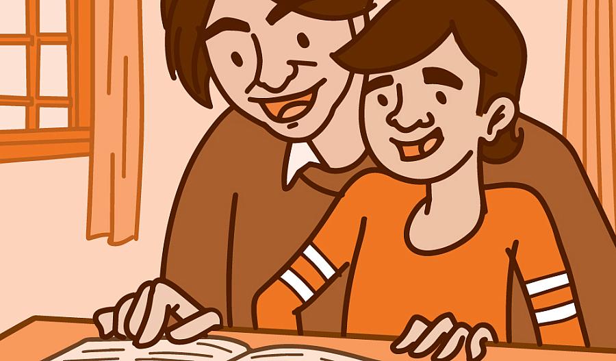 Ilustración de un padre y su hijo leyendo en una mesa.