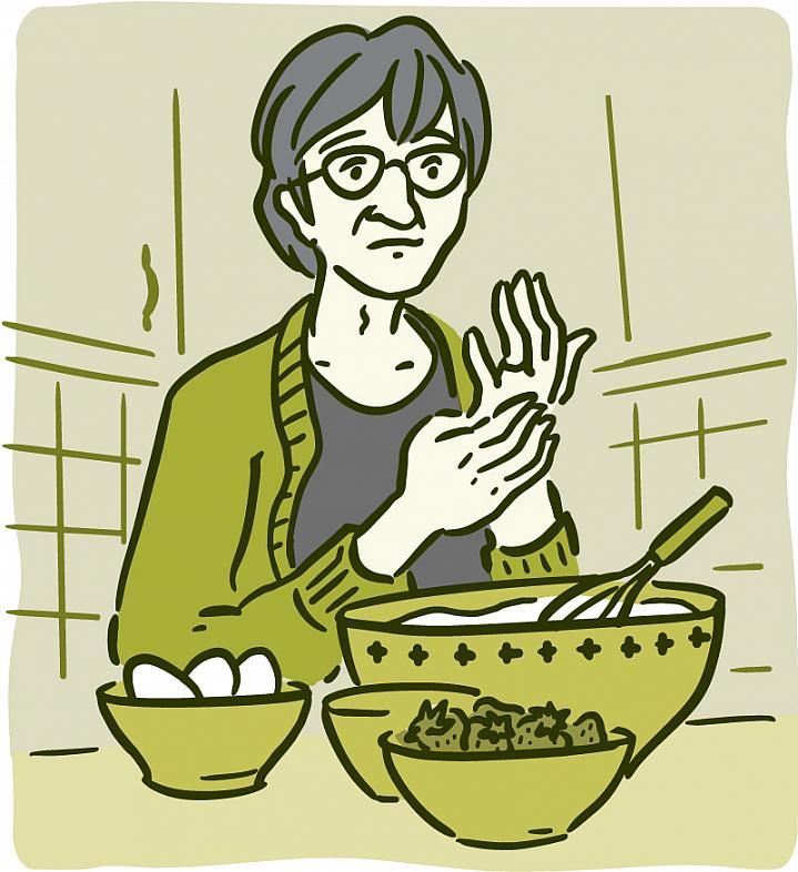 Ilustración de un adulto mayor frotándose las articulaciones doloridas de las manos mientras cocina.
