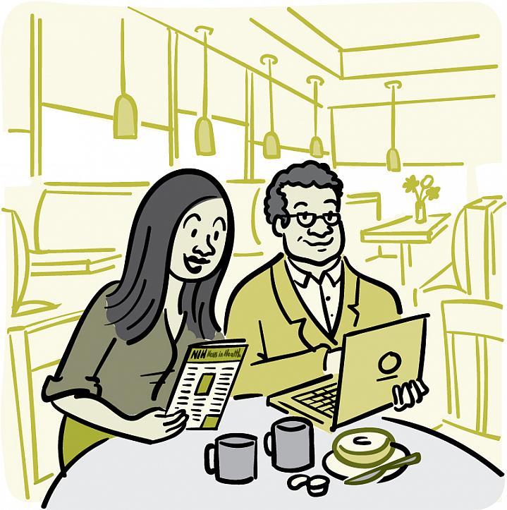 Ilustración de un hombre y una mujer leyendo el boletín NIH News in Health.