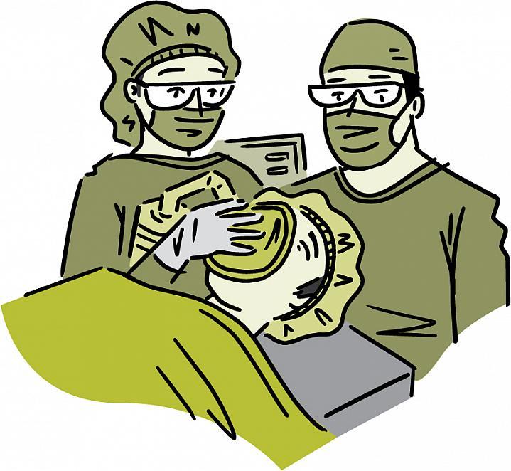Caricatura de un paciente recibiendo anestesia en la sala de operaciones.