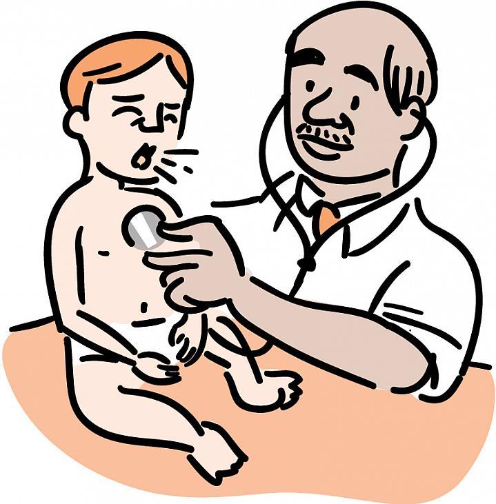 Ilustración de un médico mientras examina a un bebé que tose.