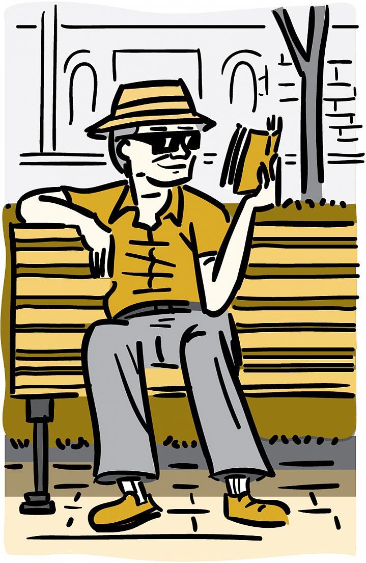 Ilustración de un hombre mayor con un sombrero con alas y anteojos de sol, mientras lee un libro al aire libre.