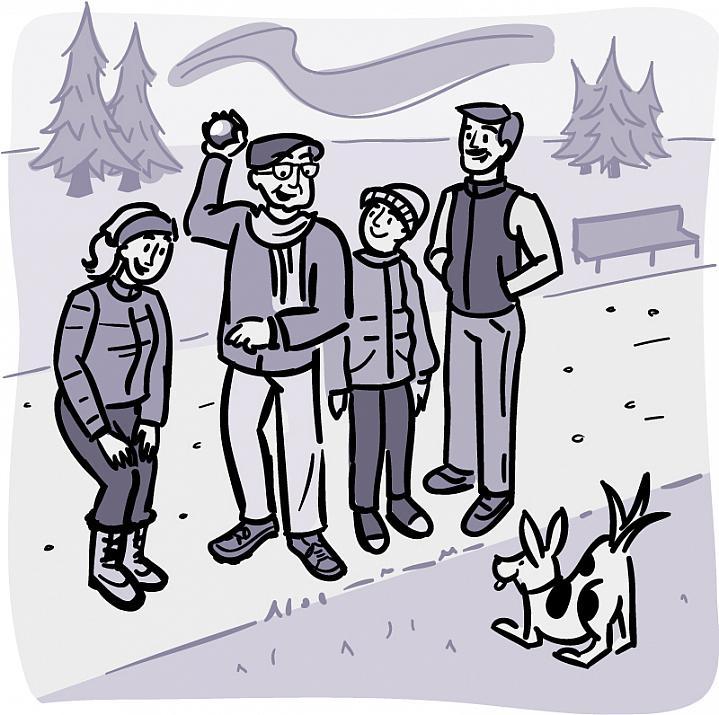 Ilustración de un adulto mayor con su familia y mascota en un sendero para caminar.