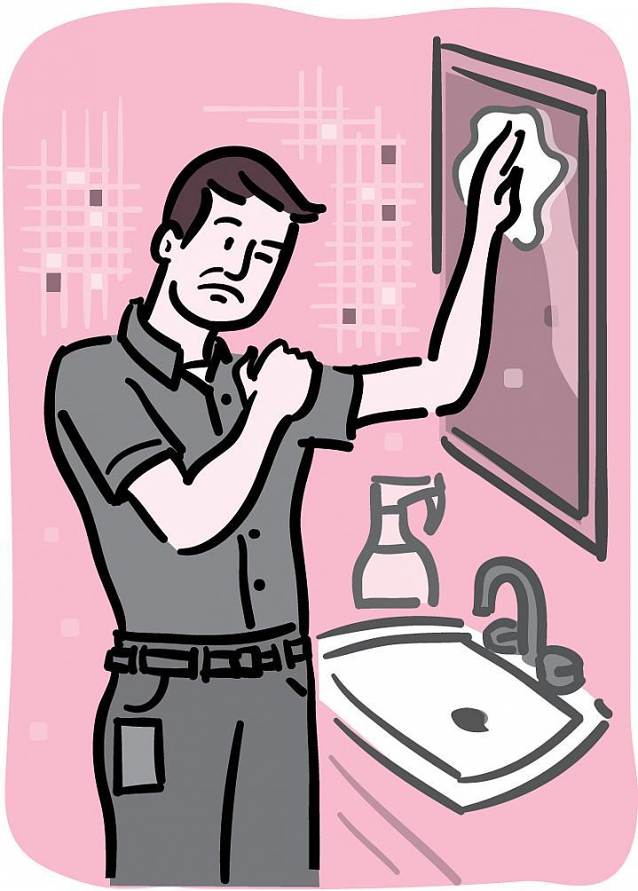 Ilustración de un hombre frotando su hombro de dolor mientras alcanza hasta limpiar un espejo del baño.
