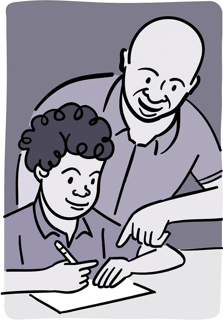 Ilustración de un hombre que ayuda a su hijo a hacer las tareas escolares.