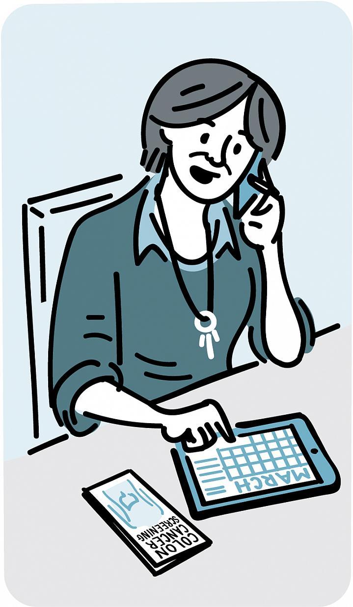Ilustración de una mujer mirando su calendario y hablando por teléfono.