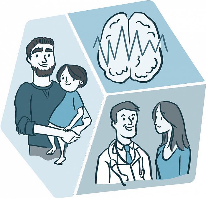 Ilustración de un hombre sosteniendo a un niño; un médico y un paciente; y un cerebro.