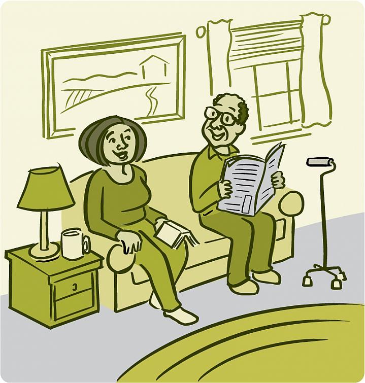Ilustración de un hombre y una mujer mayores sonrientes sentados en el sofá con un bastón cerca.