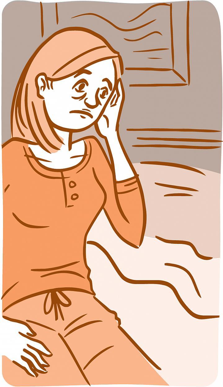 Ilustración de una mujer que luce cansada e infeliz tocándose las sienes.