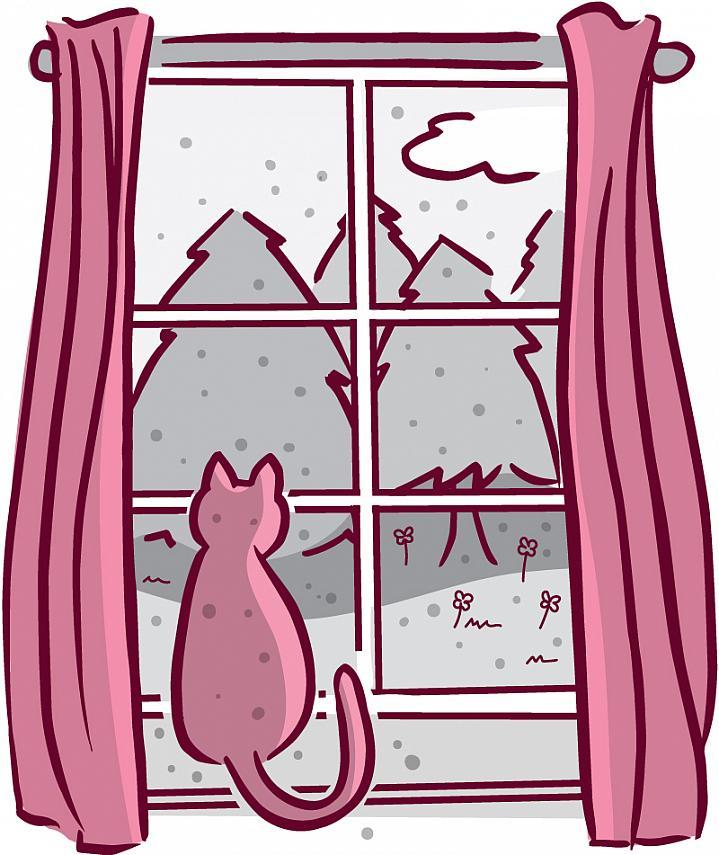 Ilustración de un gato sentado en el alféizar de una ventana mirando los árboles, las flores y las partículas de polen.