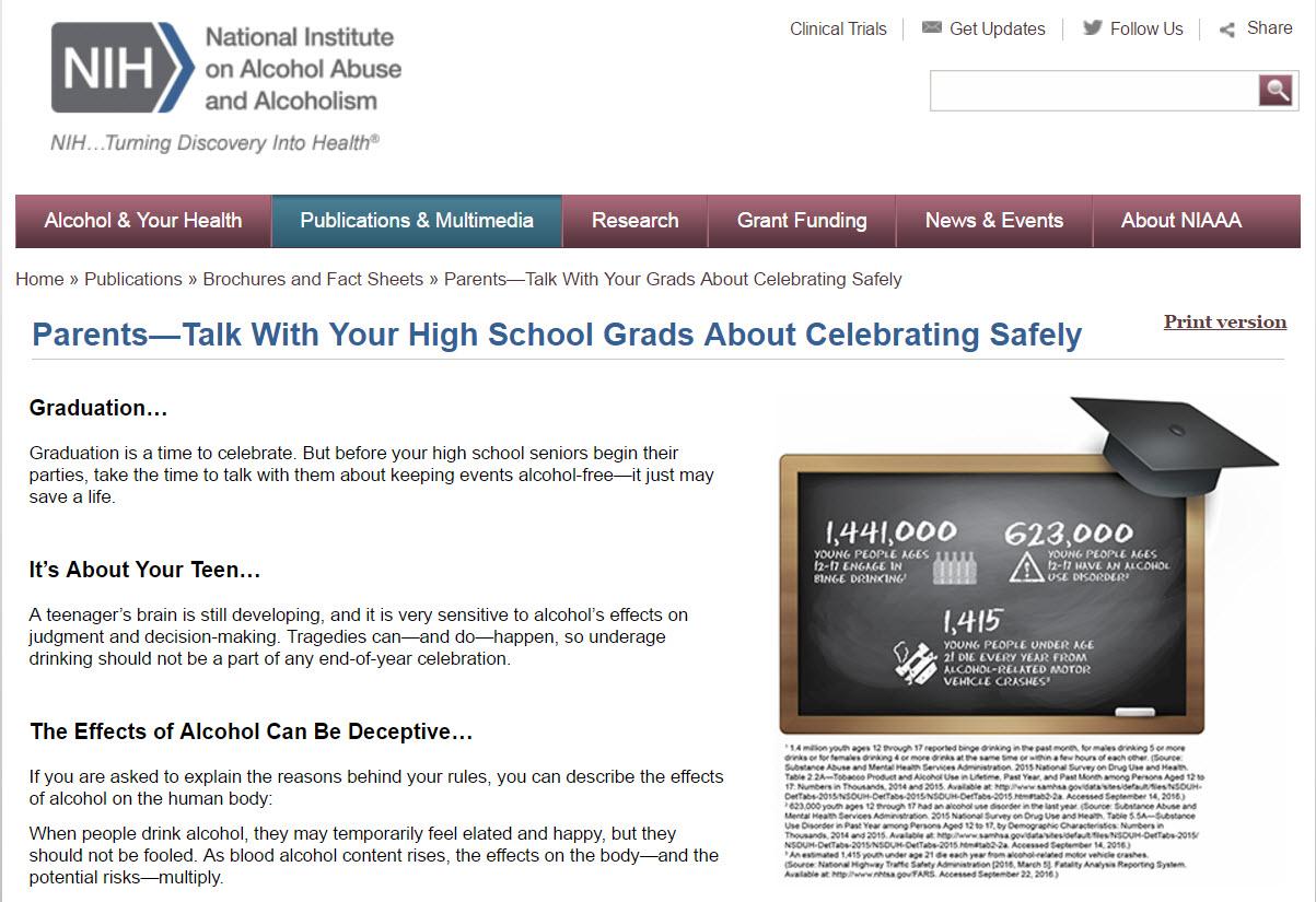 Captura de pantalla de la hoja informativa de los NIH 'Padres: hablen con sus hijos que se gradúan de la secundaria sobre cómo celebrar de manera segura'.