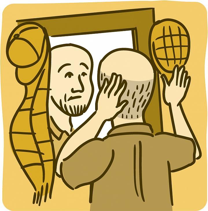 Ilustración de un hombre mirándose en el espejo y tocando su cabeza calva.