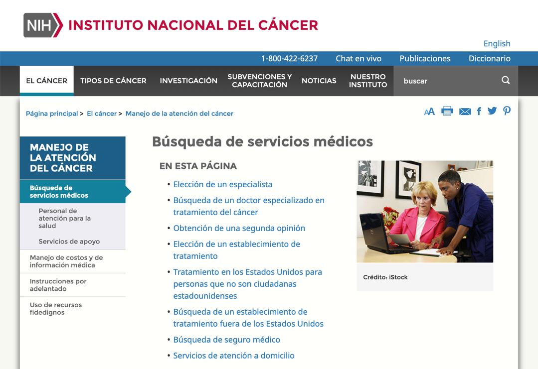 Captura de pantalla de Encontrar servicios de atención médica para el cáncer
