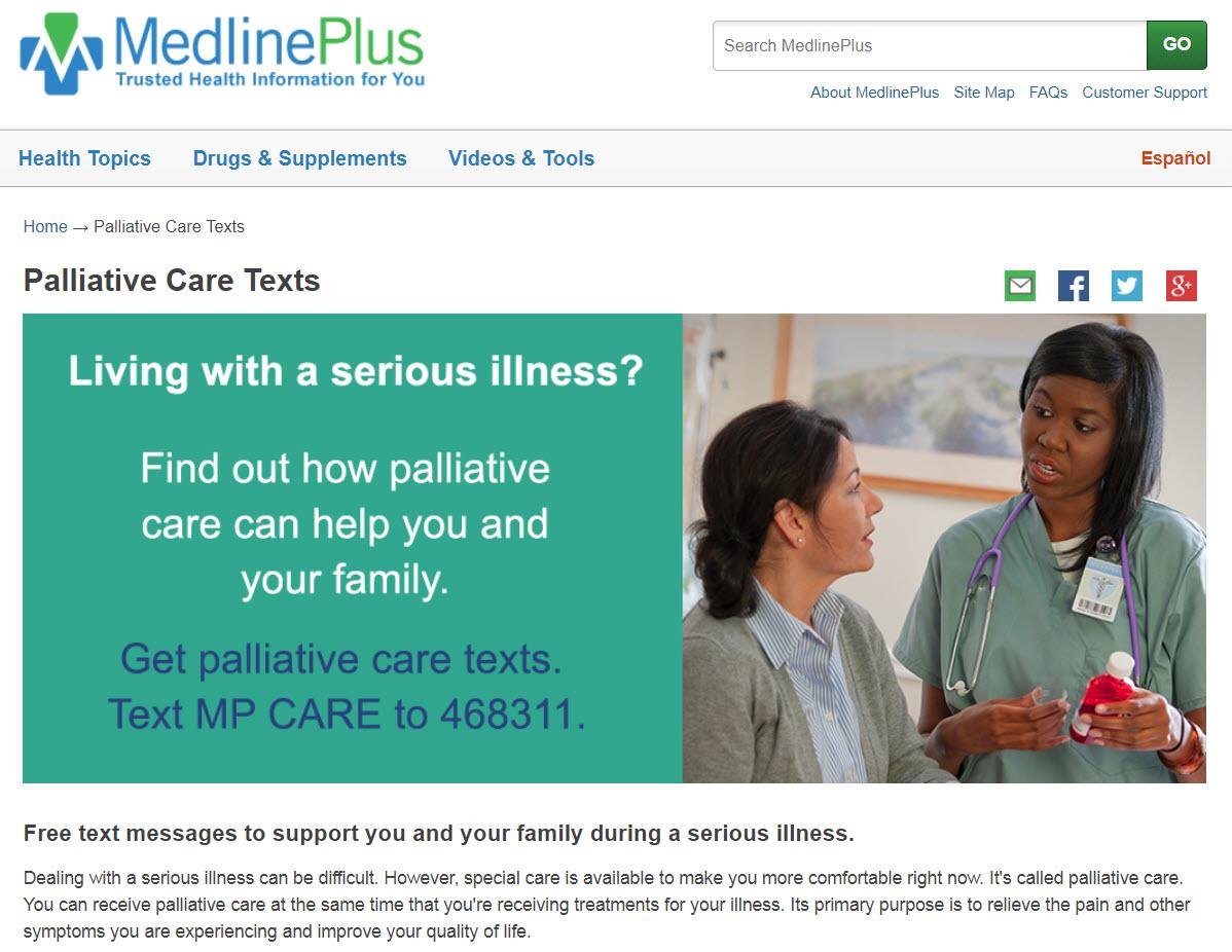 Captura de pantalla del sitio web con texto de cuidados paliativos