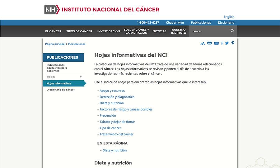 Captura de pantalla del sitio web de las Hojas informativas sobre el cáncer.