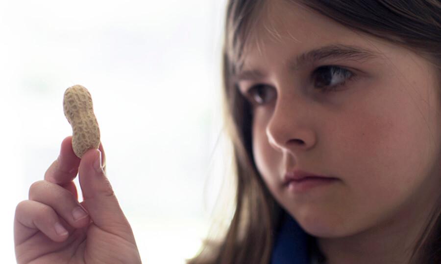 Foto de una niña que mira escépticamente un maní.