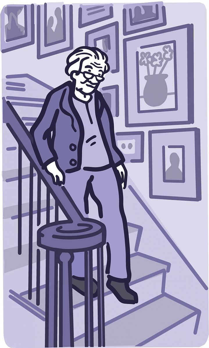 Ilustración de un adulto mayor agarrado del pasamanos mientras va por las escaleras