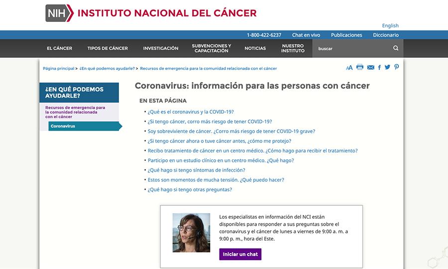 Captura de pantalla del coronavirus: Página web de lo que las personas con cáncer deben saber