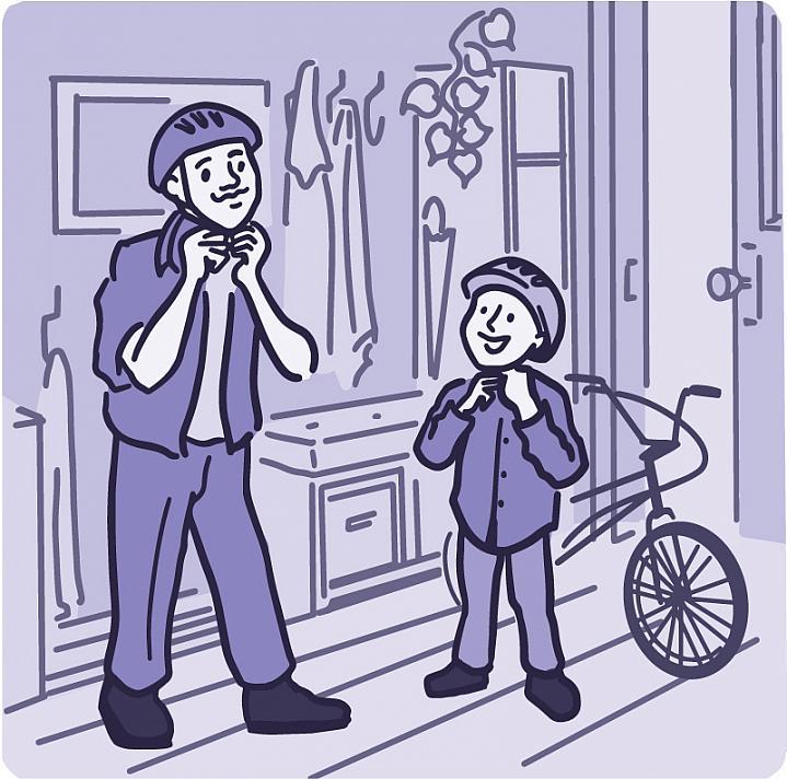 Ilustración de padre e hijo poniéndose cascos de bicicleta