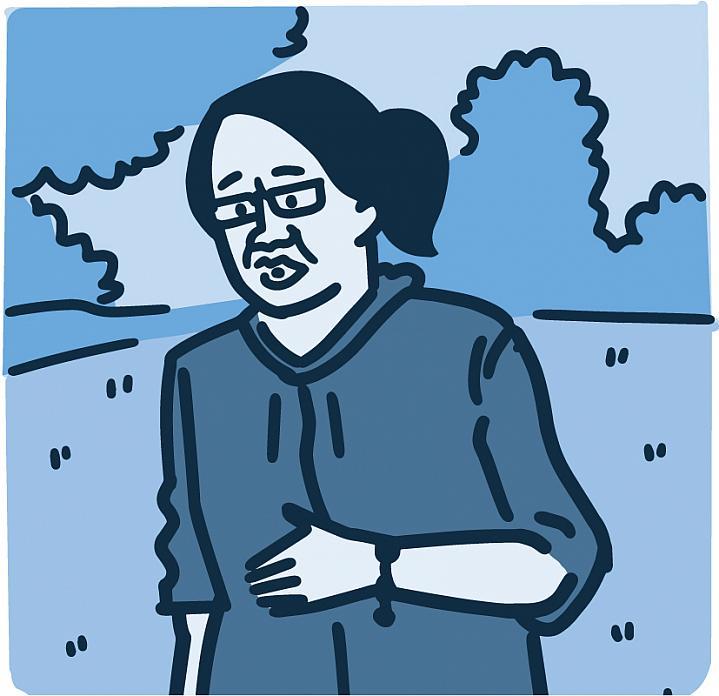 Ilustración de una mujer que tiene problemas para respirar mientras camina afuera