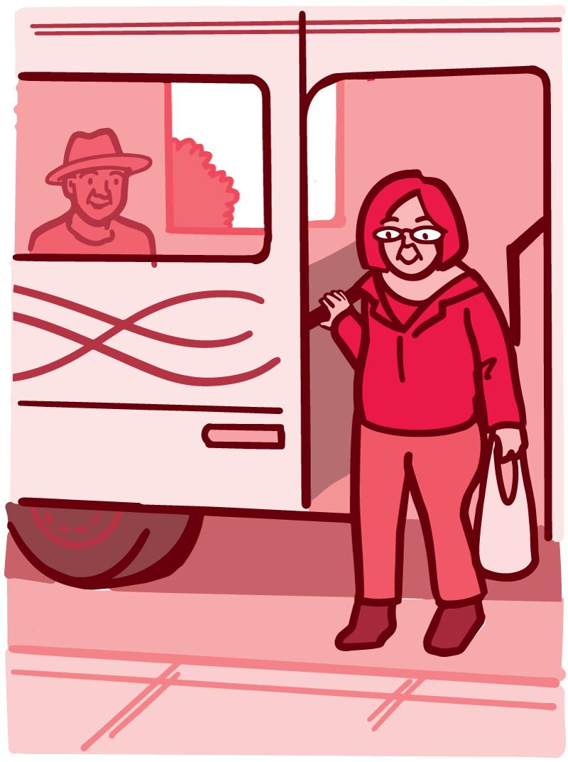 Ilustración de un adulto mayor bajándose de un autobús