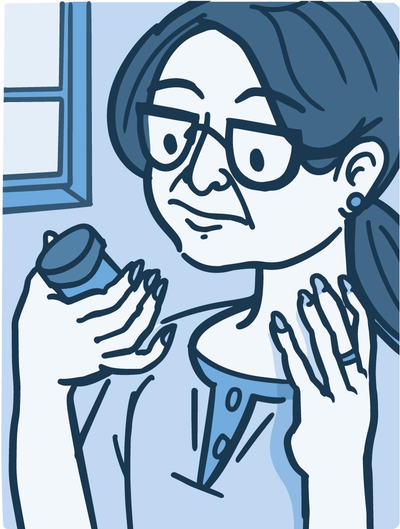 Ilustración de una mujer mirando un frasco de pastillas