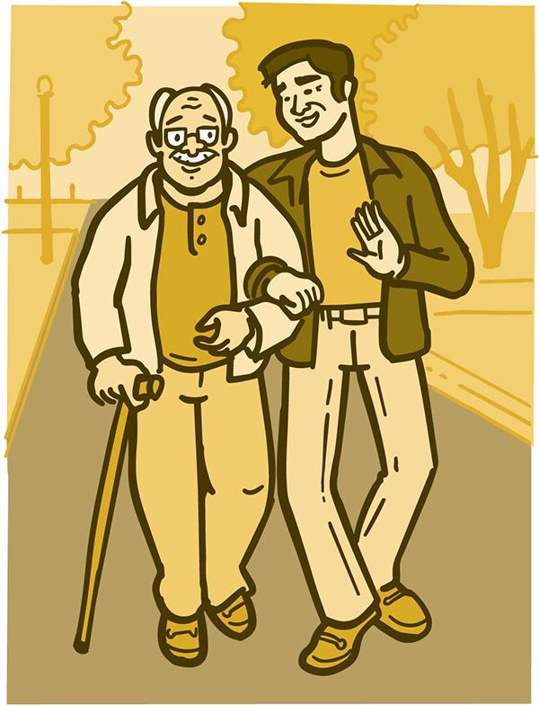 Ilustración de un hombre mayor con un bastón que camina con su hijo al aire libre