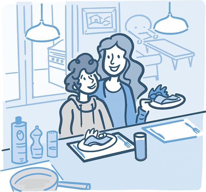 Ilustración de una madre y su hija preparando una comida saludable juntas.