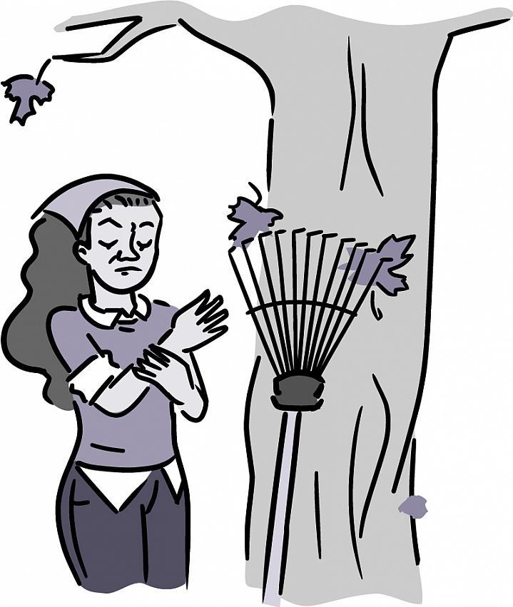 Ilustración de una mujer agarrando su muñeca después de rastrillar las hojas