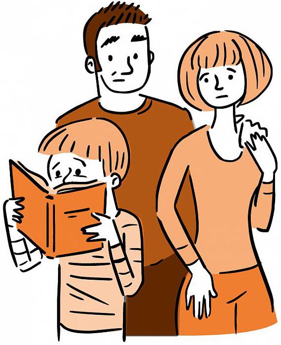 Ilustración de padres preocupados mirando a un niño leyendo un libro