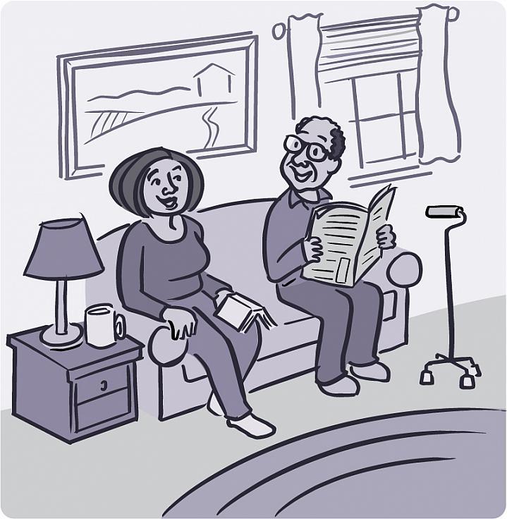 Ilustración de un hombre mayor y una mujer sonrientes sentados en el sofá con un bastón que camina cerca