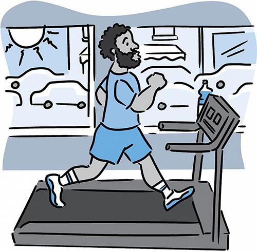 Ilustración de un hombre en cinta de correr, con tráfico visible a través de la ventana.
