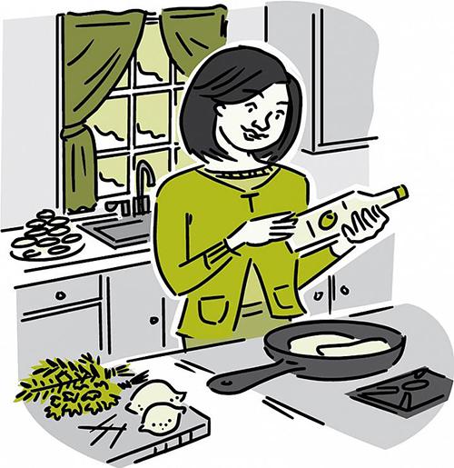 Ilustración de una mujer en una cocina que utiliza alimentos 'buenos' con bajo contenido de grasa o bajos en grasa.